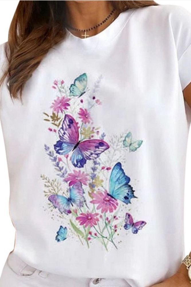 Women Sumer Fashion Butterfly Printing Graphic T-shirt