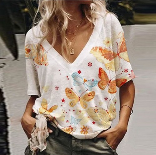 Women's Butterfly Printed V-neck Short Sleeve Casual T-shirts