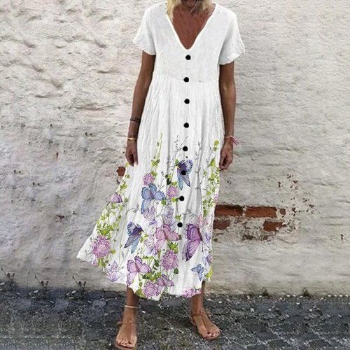 Summer Women's Butterfly Print V-Neck Single Breasted Dress