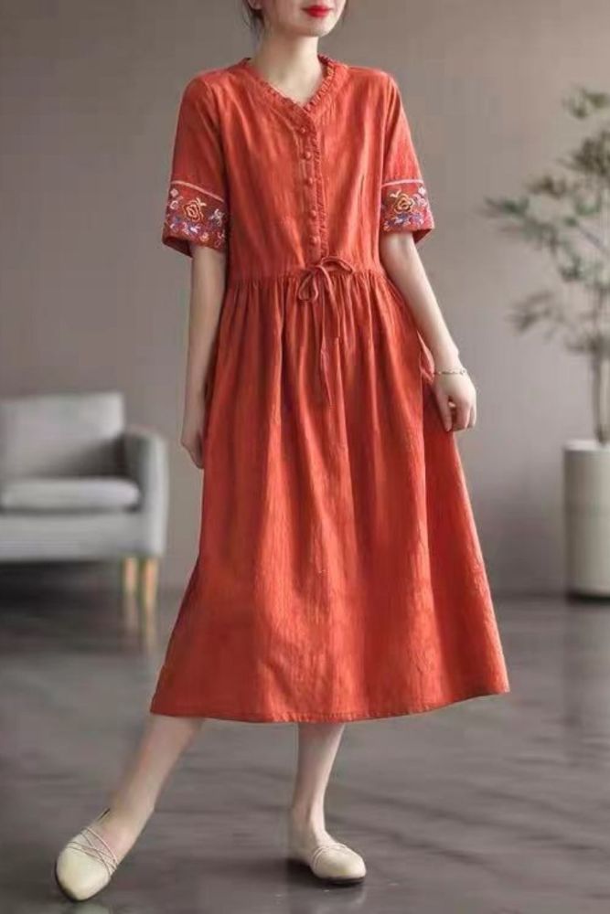 Women Cotton Linen Vintage V-neck Floral Embroidery Dress