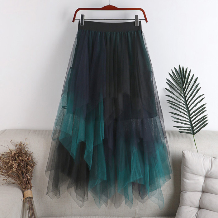 Summer Korean Irregular Contrast Color Pleated Maxi Skirt