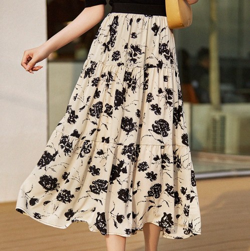 Women Summer Vintage Print Mesh Pleated Skirt