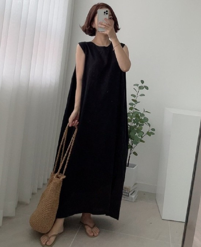 Summer New Korean Solid Loose O-neck Simple Maxi Dress