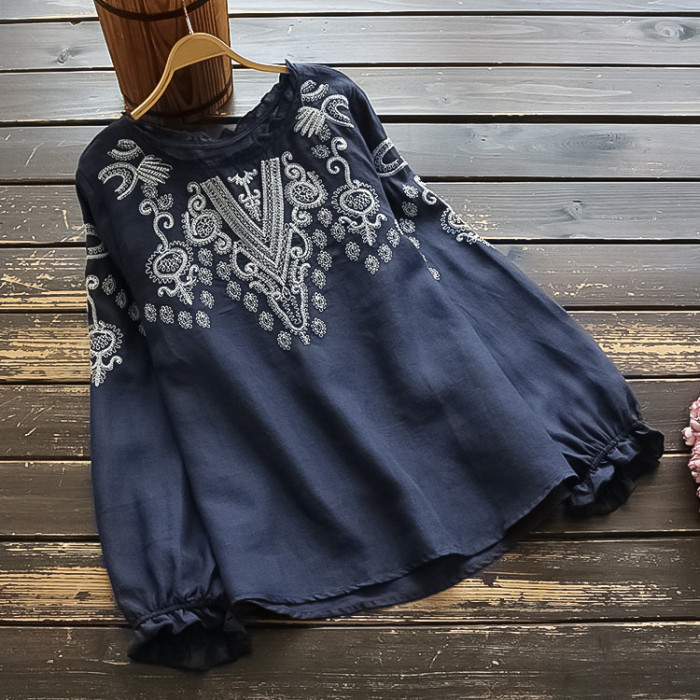Women Vintage Cotton Linen Sleeve Ruffles Embroidery Shirt