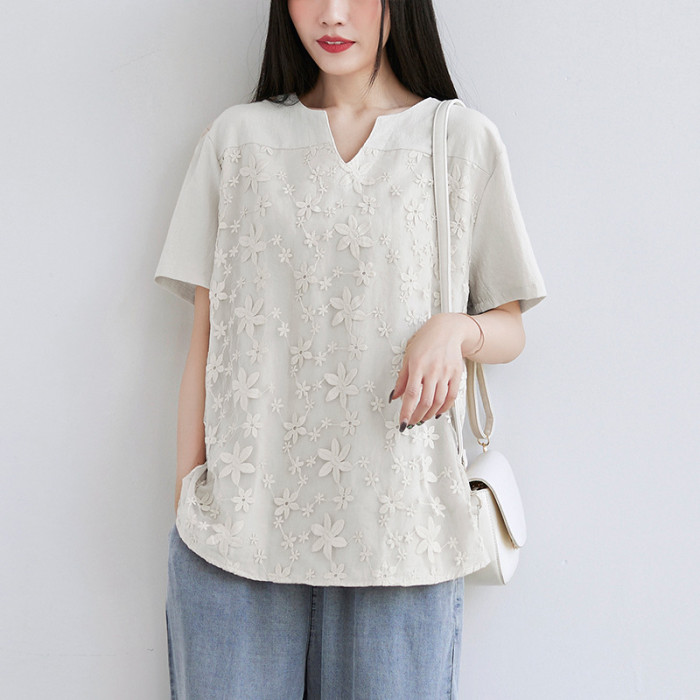 Women Lace Embroidery Solid Color Summer Casual T-shirts