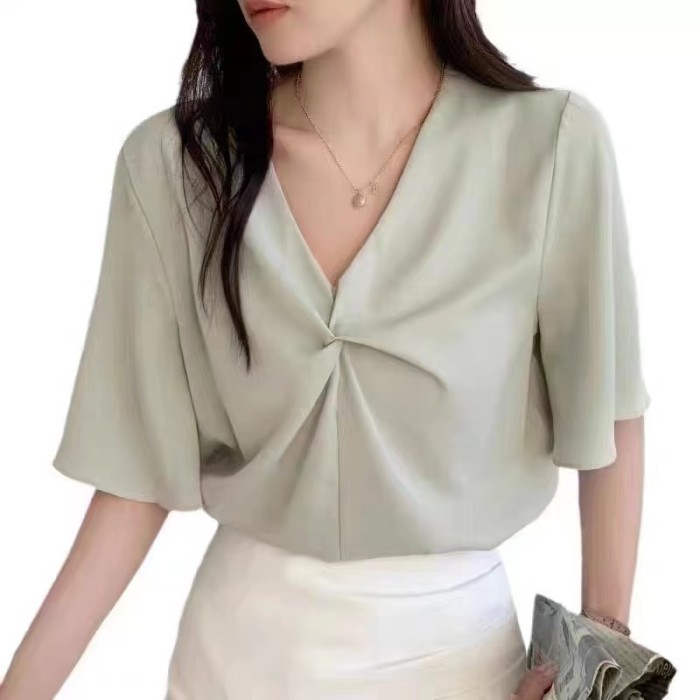 Office Ladies Korean Fashion V-neck Chiffon Casual T-shirts
