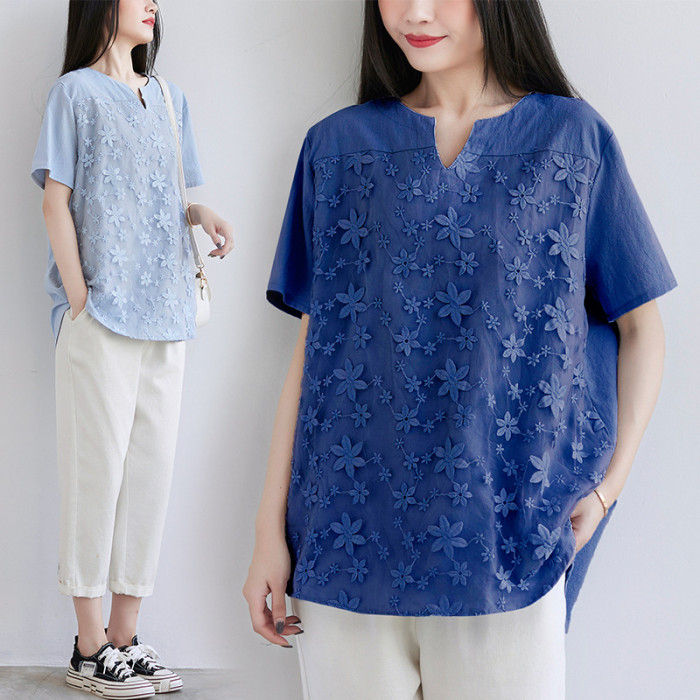 Women Lace Embroidery Solid Color Summer Casual T-shirts