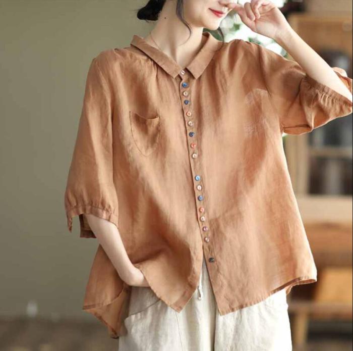 Women Half Sleeve Cotton Button Korean Casual Blouse