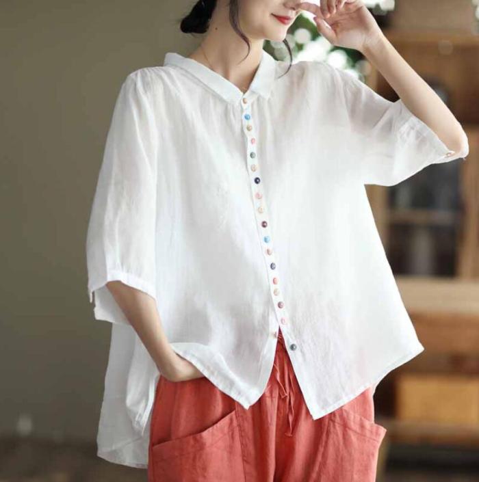 Women Half Sleeve Cotton Button Korean Casual Blouse