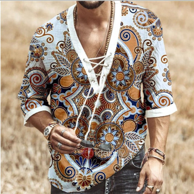 Men's Short-sleeved Striped Printed Casual Shirts