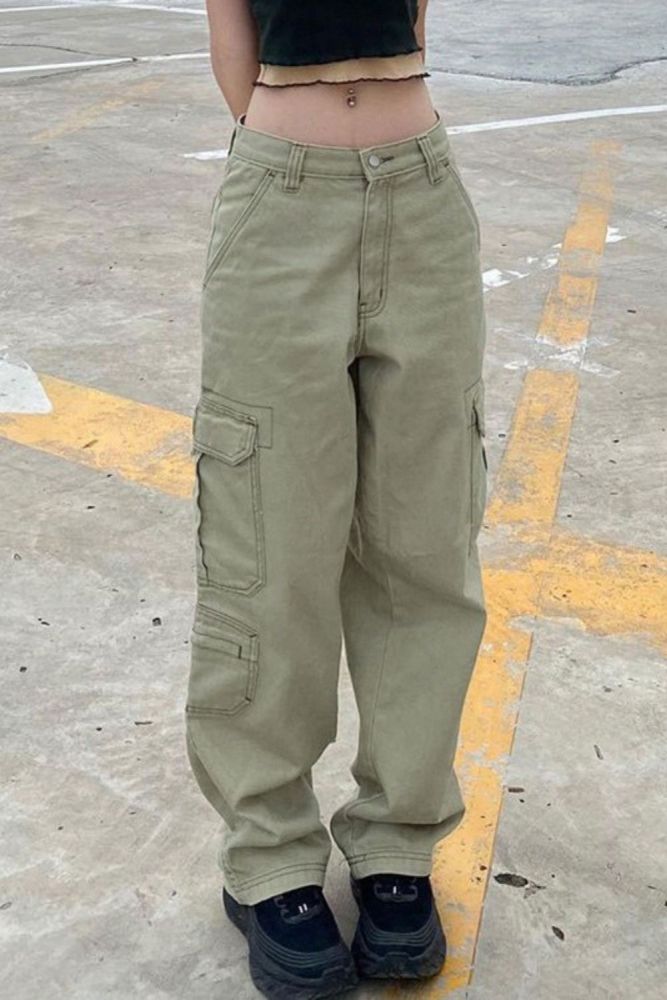 y2k Green Cargo Big Pockets Low Waisted Retro Pants