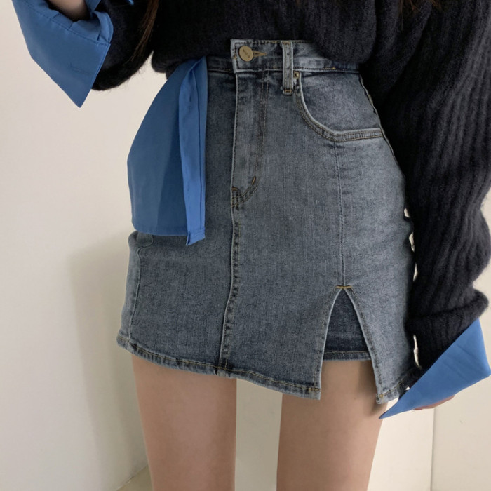 Y2K High-waisted Mini Slim Jenas Slit Skirt