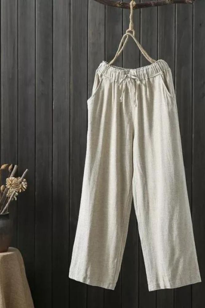Cotton Linen Loose Drawstring Elastic Casual Trousers