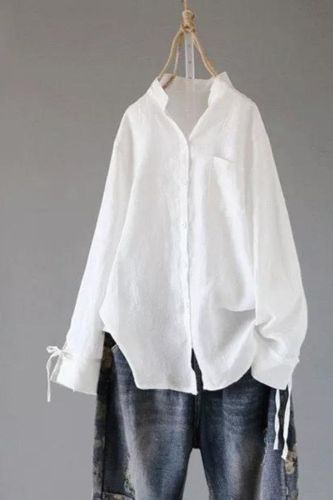 Women Retro Cotton Linen Long Sleeve Buttons Blouses&Shirts