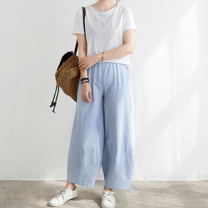 New Simple Solid Cotton Linen Wide-leg Pants
