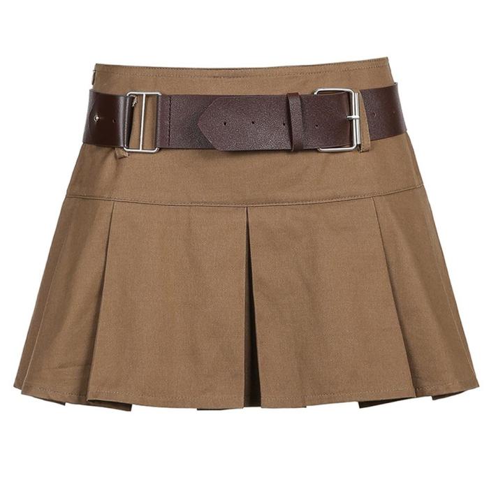 y2k Women Retro Pleated Slim Mini Skirt With Belt