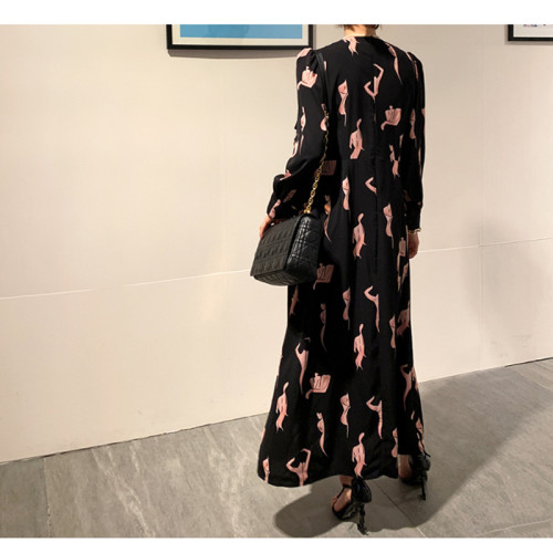 Women Black Print Abstract Pattern V-Neck Maxi Dress