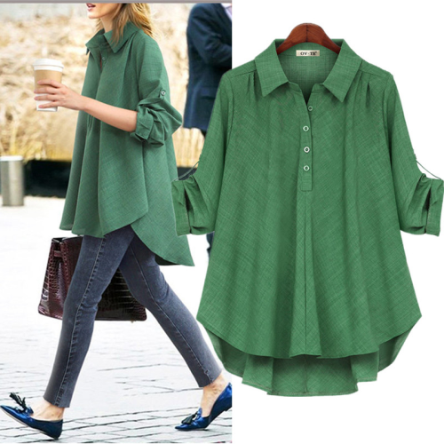 Autumn New Women Solid Turn-down Collar Casual Loose Tops