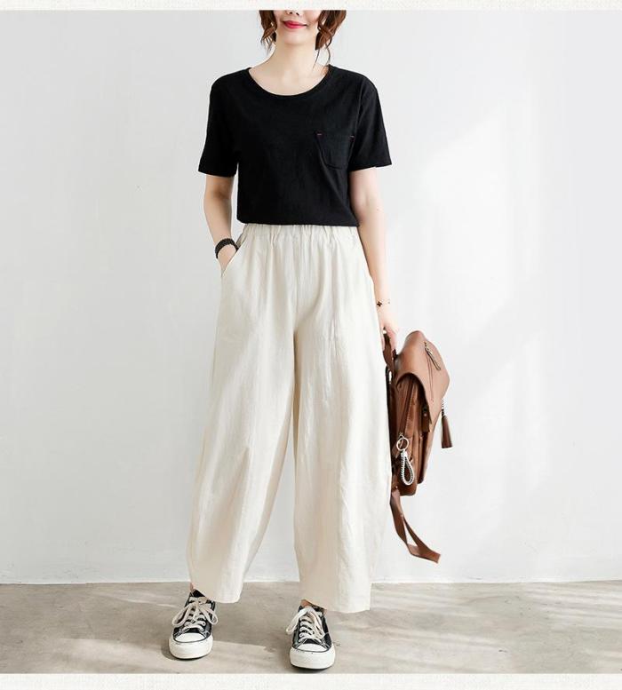 New Simple Solid Cotton Linen Wide-leg Pants