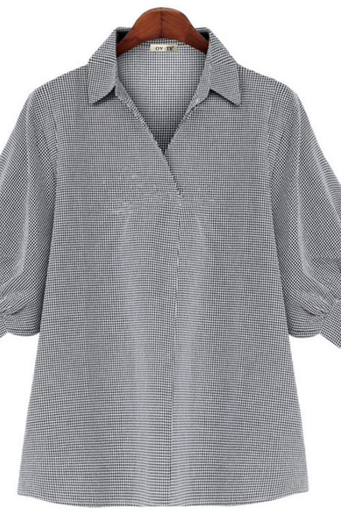 Half Sleeves Casual Loose Plaid Turn Down Collar Shirt