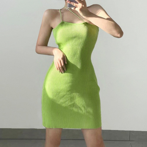 Women Solid Color Asymmetrical Spaghetti Knitting y2k Mini Dress