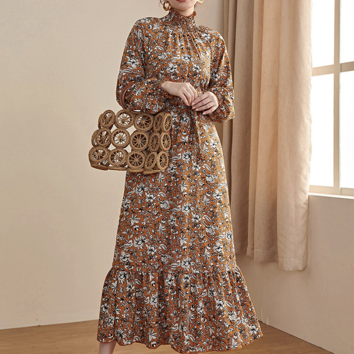 Autumn Slim Fit Collar Waist Chiffon Floral Maxi Dress