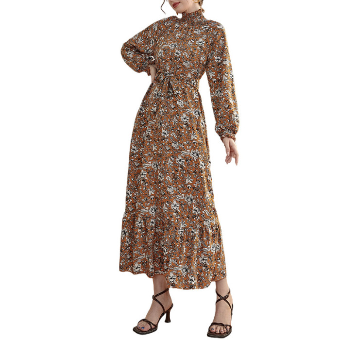 Autumn Slim Fit Collar Waist Chiffon Floral Maxi Dress