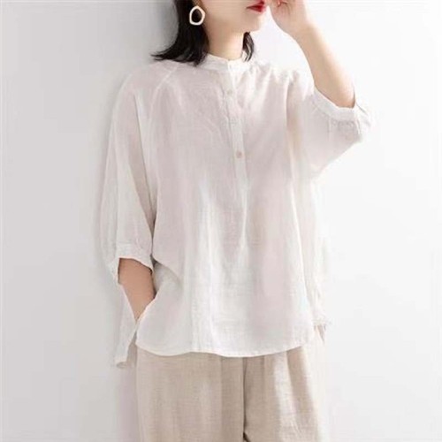 Women's Retro Cotton Solid Color Loose Middle Sleeve Tops
