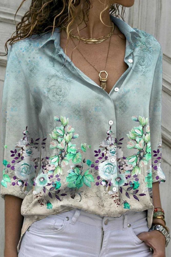 Women Vintage Floral Print Loose Casual Autumn Blouses Shirts
