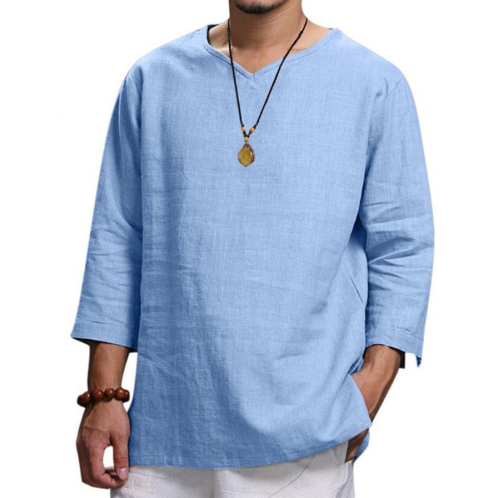 Men's V-Neck Cotton Linen Breathable Long Sleeve Shirts