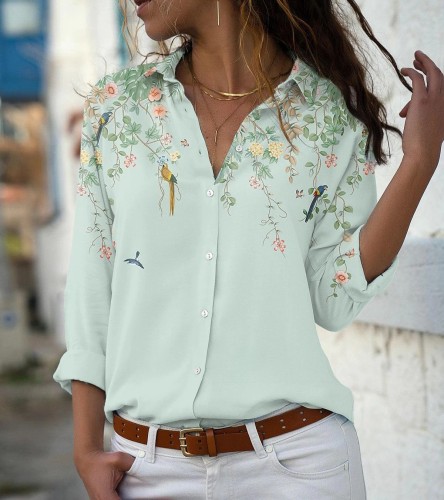 Vintage Floral Print Long Sleeve Casual Blouses&Shirts