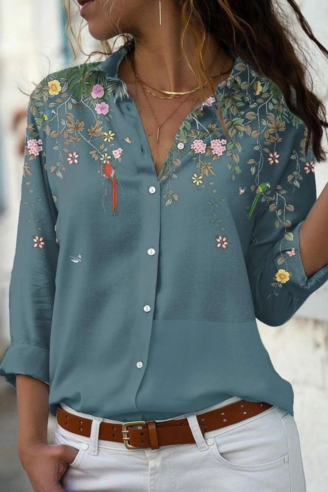 Vintage Floral Print Long Sleeve Casual Blouses&Shirts