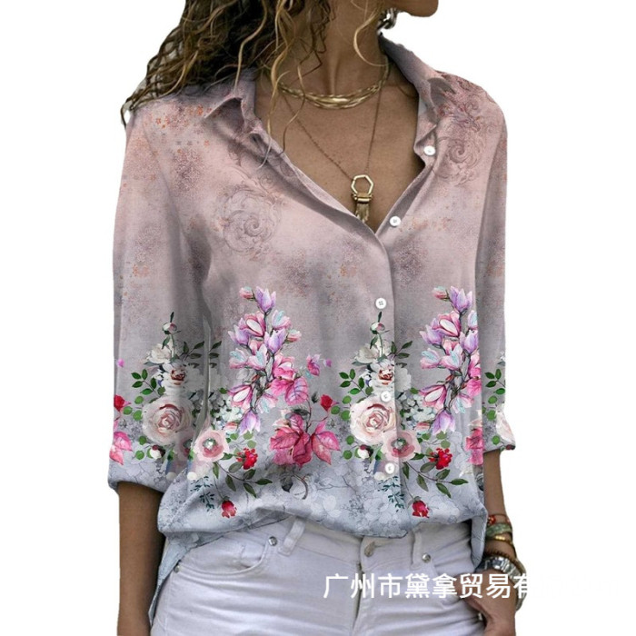 Women Vintage Floral Print Loose Casual Autumn Blouses Shirts