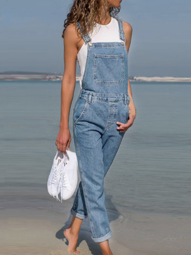 Women Belted Hole Hollow Out Blue Denim Jumpsuits
