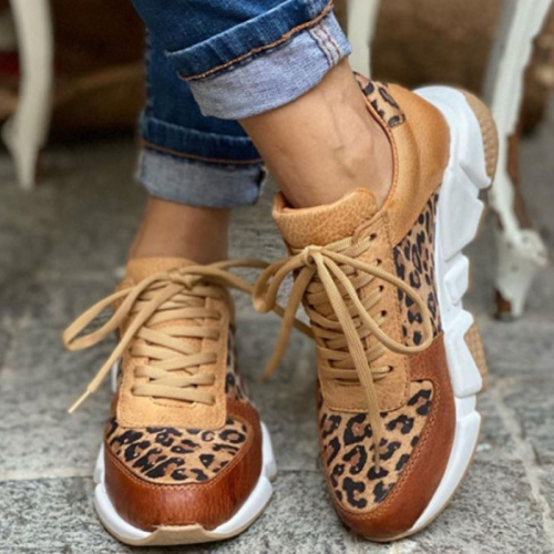 New Thick-soled Round Toe Low-top Leopard Print Women's Sneakers