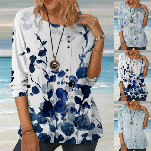 Women O-Neck Vintage Printed Loose Casual Tops