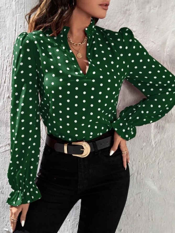 Elegant V-neck Polka Dot Print Chiffon Women's Shirts