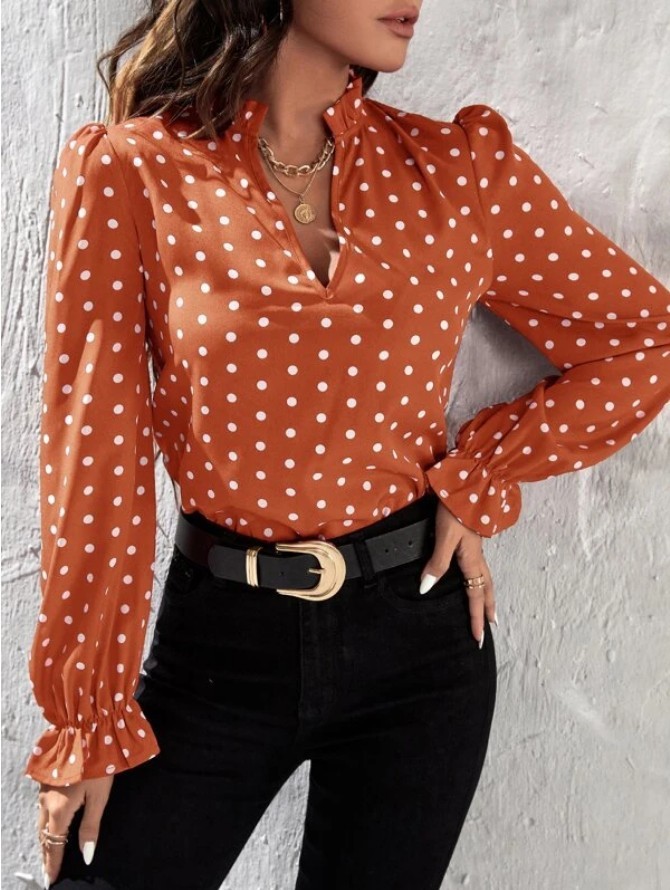 Elegant V-neck Polka Dot Print Chiffon Women's Shirts