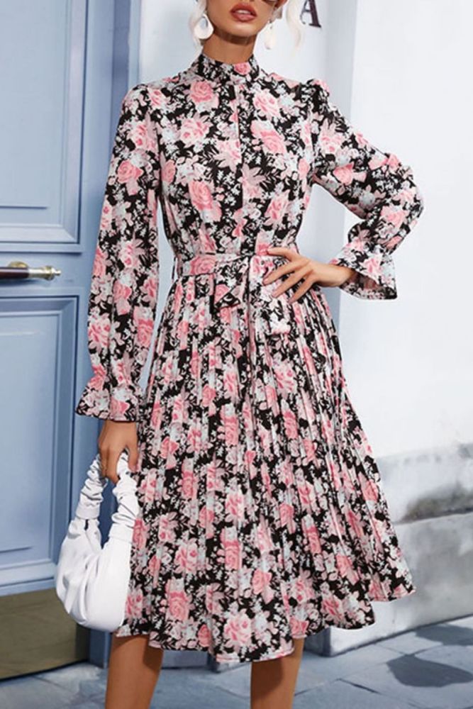 Floral Printed Pleated Big Swing Elegant Maxi Dress