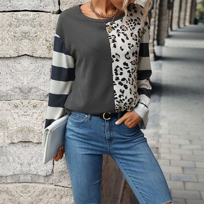 Autumn Women Casual Leopard Print Patchwork Stripe Shirt