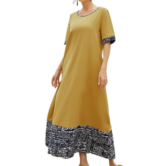 Bohemian Hem Women Half Sleeve Printed Patchwork Maxi Dress