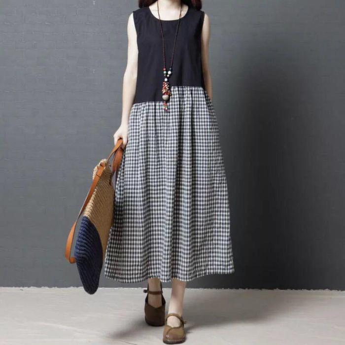 Loose Thin Cotton Linen Round Neck Casual Dress