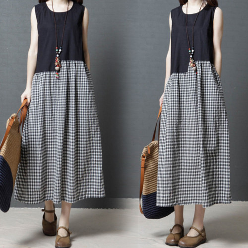 Loose Thin Cotton Linen Round Neck Casual Dress