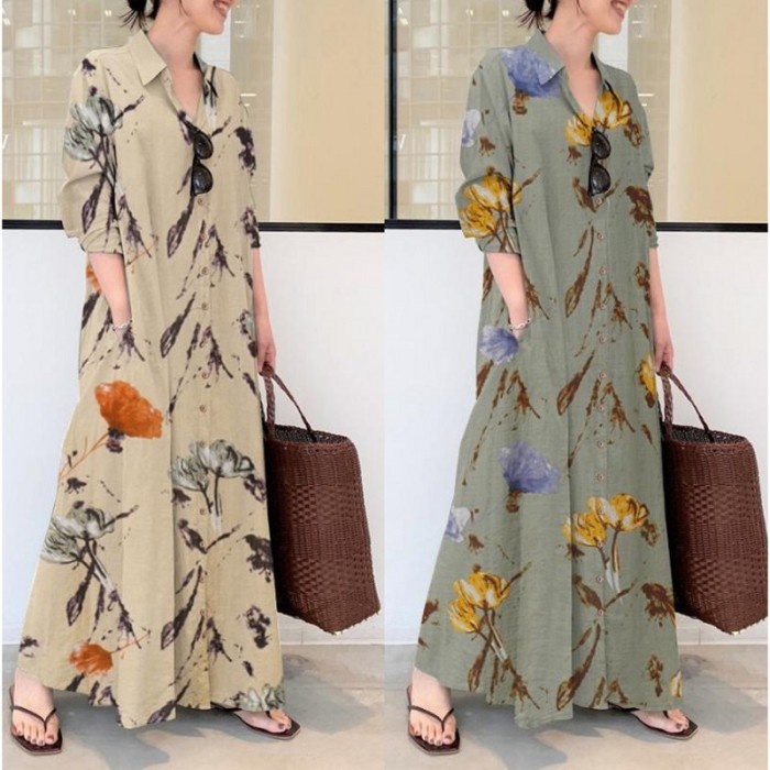 Women's Print Loose Cardigan Elegant Temperament Maxi Dress