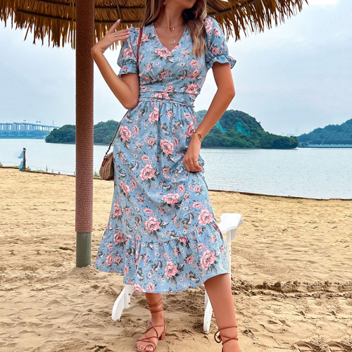 Women Elegant V-Neck Short Sleeve Floral Pleated Ruffles Vacation Dress