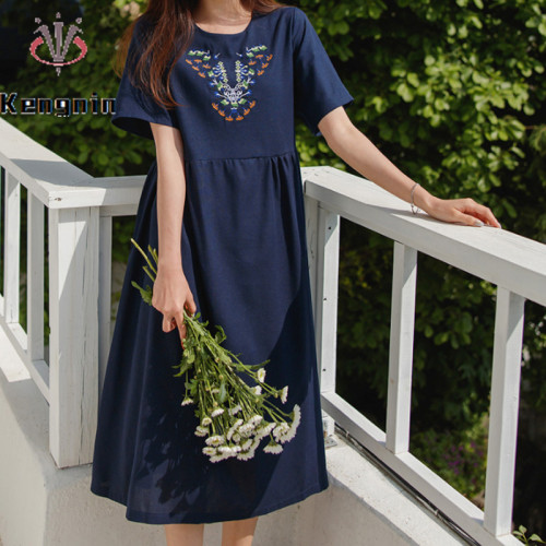 Chic Women's Cotton and Linen Embroidery Dress