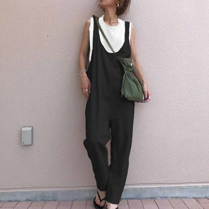 Women Sleeveless Vintage Loose Casual Jumpsuit  with Pockets