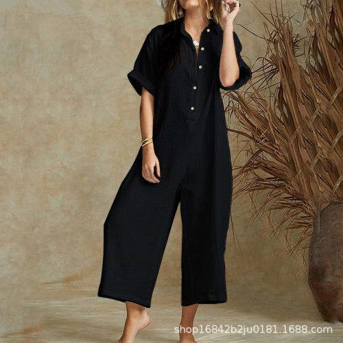 Vintage Elegant Women Wide Leg Pants Loose Buttons Jumpsuits