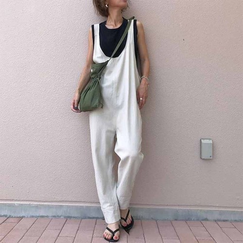 Women Sleeveless Vintage Loose Casual Jumpsuit  with Pockets