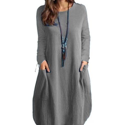 Women Long Sleeve Mid-Calf Basic Solid Maxi Dress
